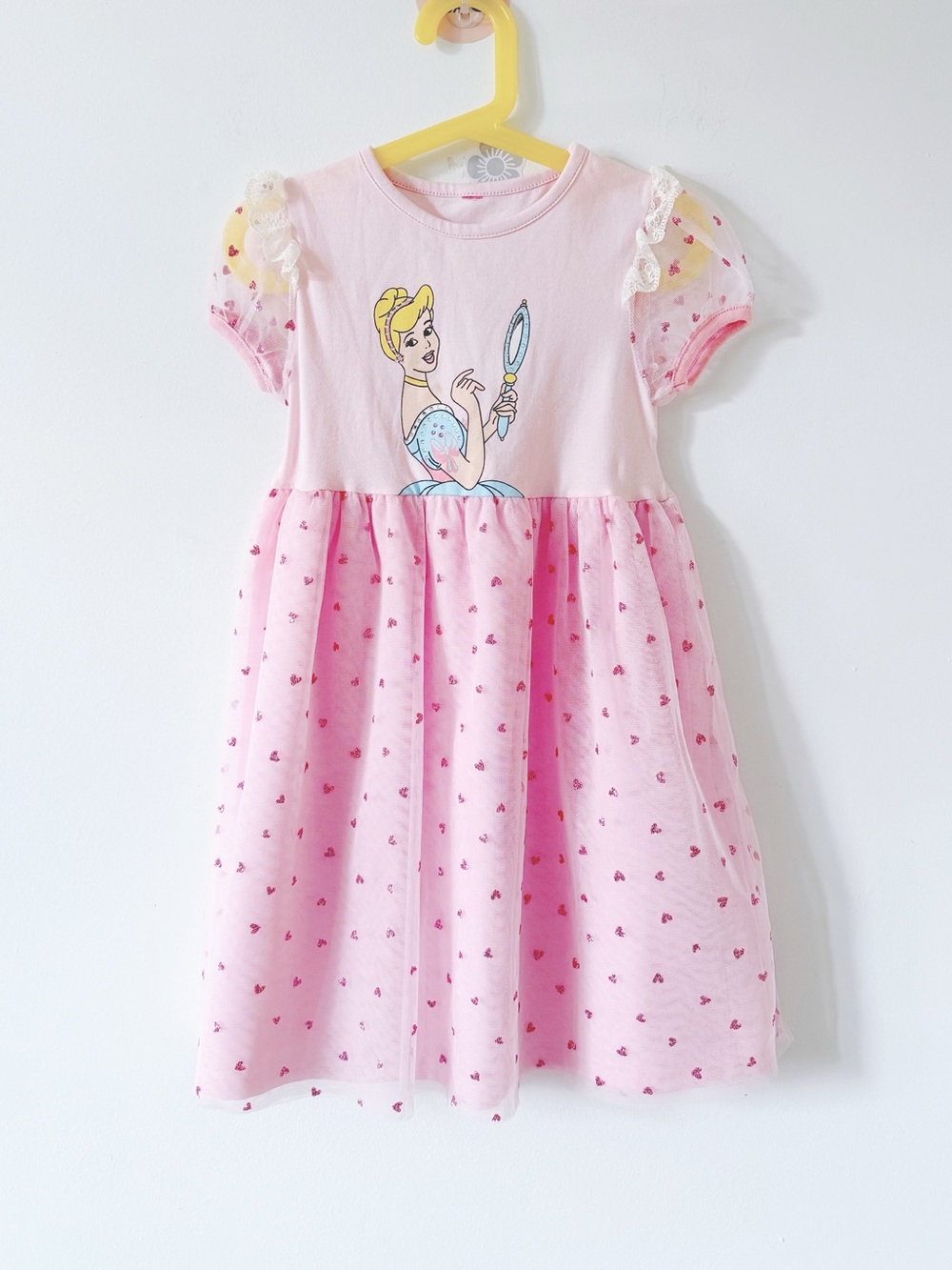 Cinderella Pink Princess Graphic Tulle Heart Dress Toddler Girl Cotton Mesh 3-4T